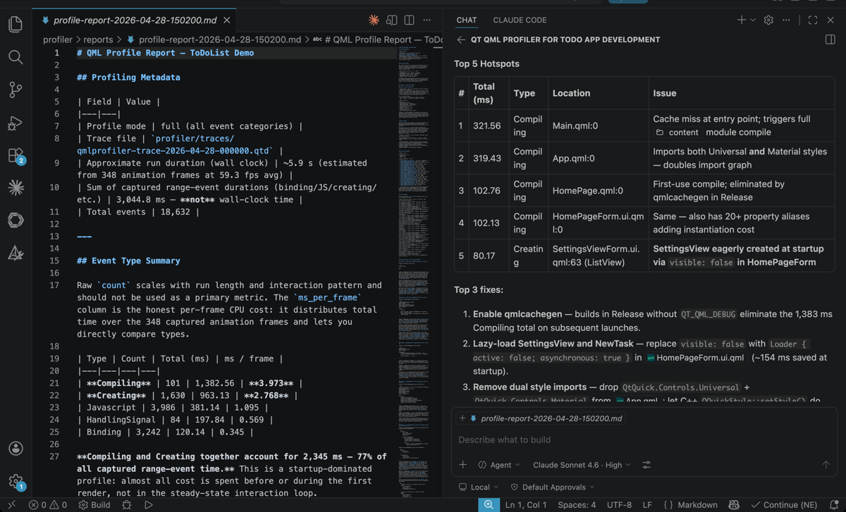 GitHub Copilot 中的QML Profiler结果展示