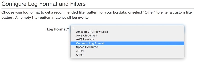 Screenshot preview of the Configure Log Format and Filters screen and the selection of Common Log Format