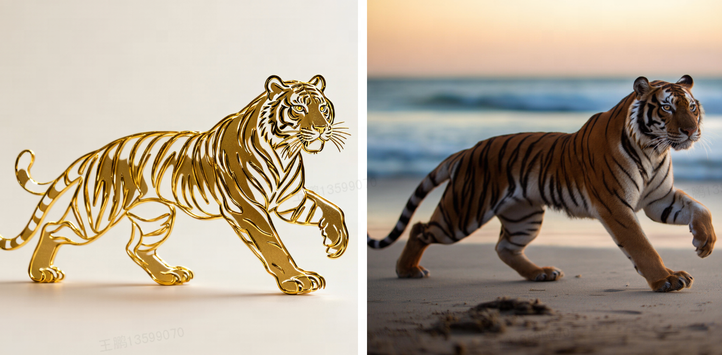 prompt：变成真的老虎，在海边