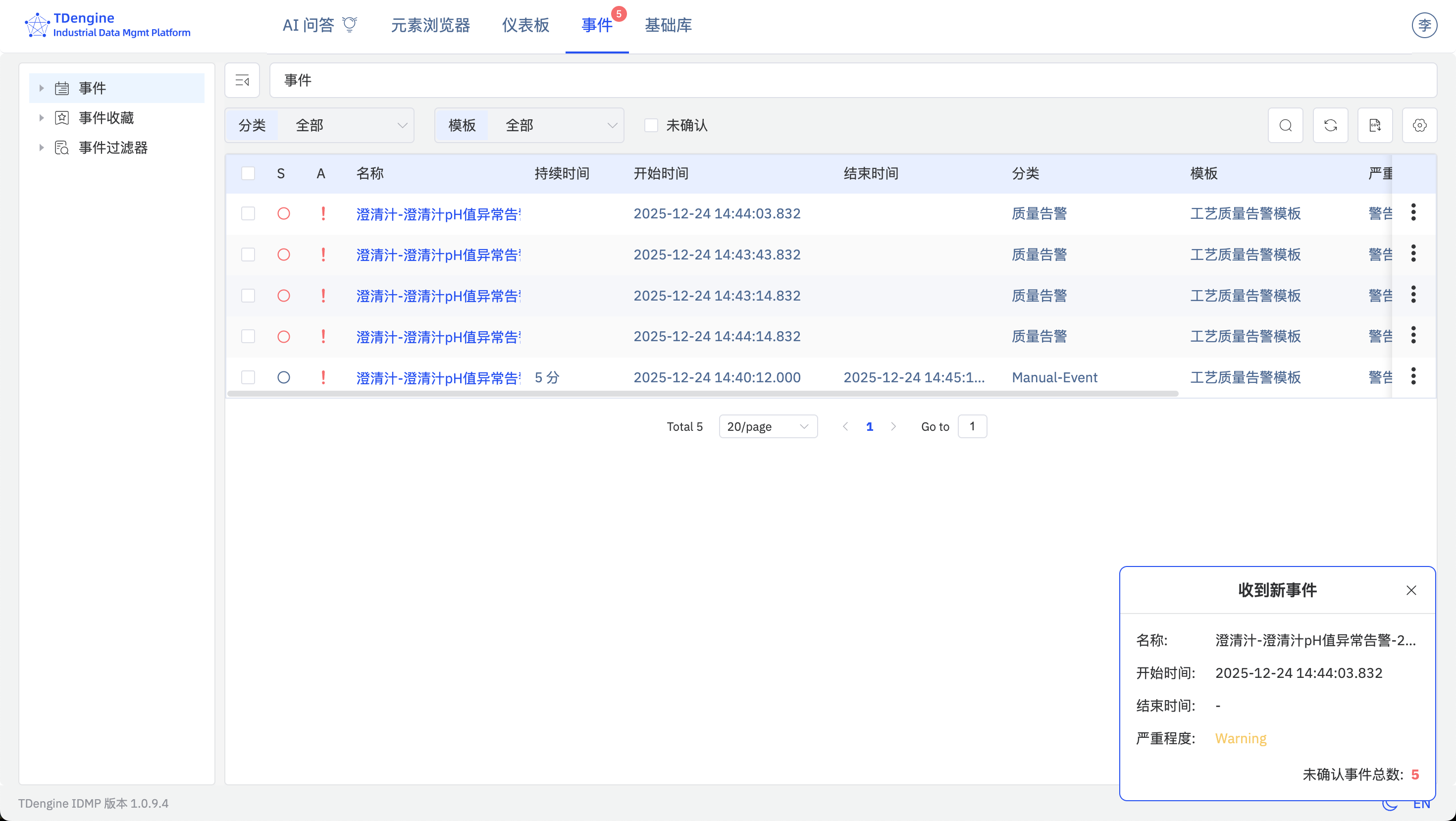 工艺质量异常告警(澄清汁 PH 值)