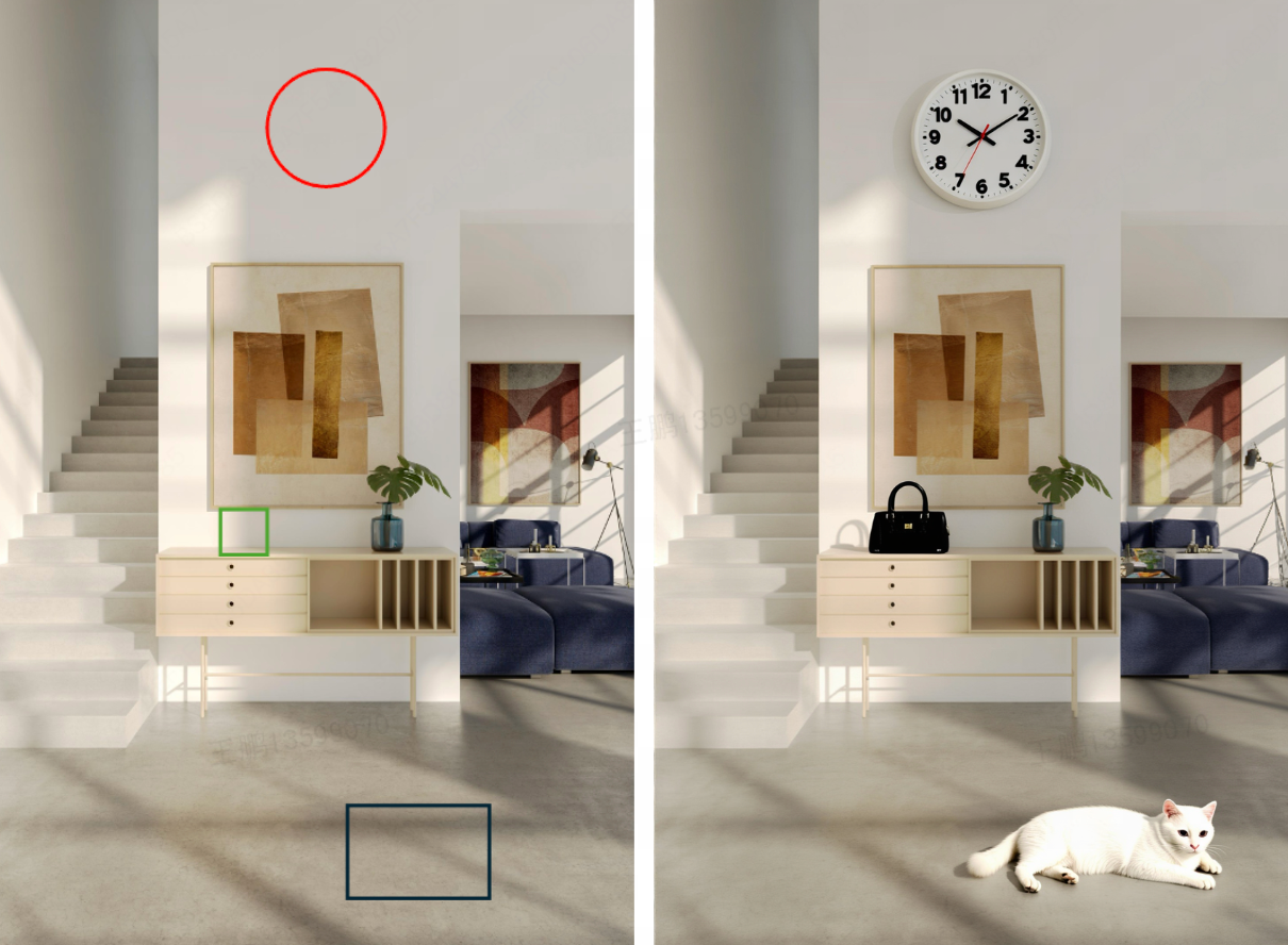 prompt：在红色圈添加一个白色的钟表，绿色框添加黑色的手提包，黑色框添加一只白色的猫