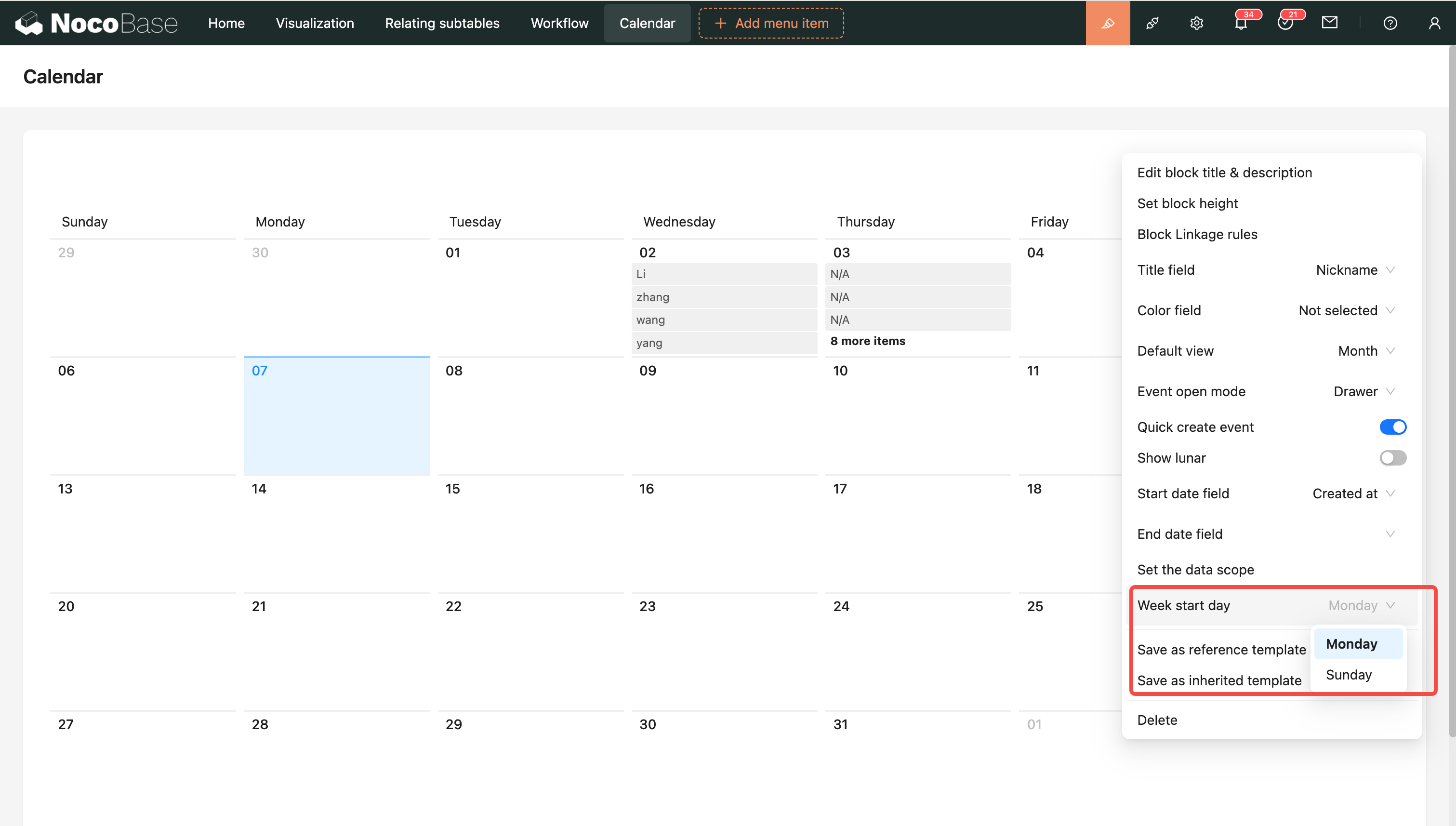 Calendar Block Supports Setting Week Start Day.png