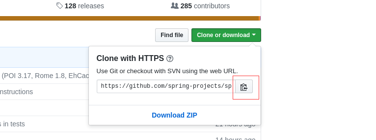 spring在github上的地址复制按钮
