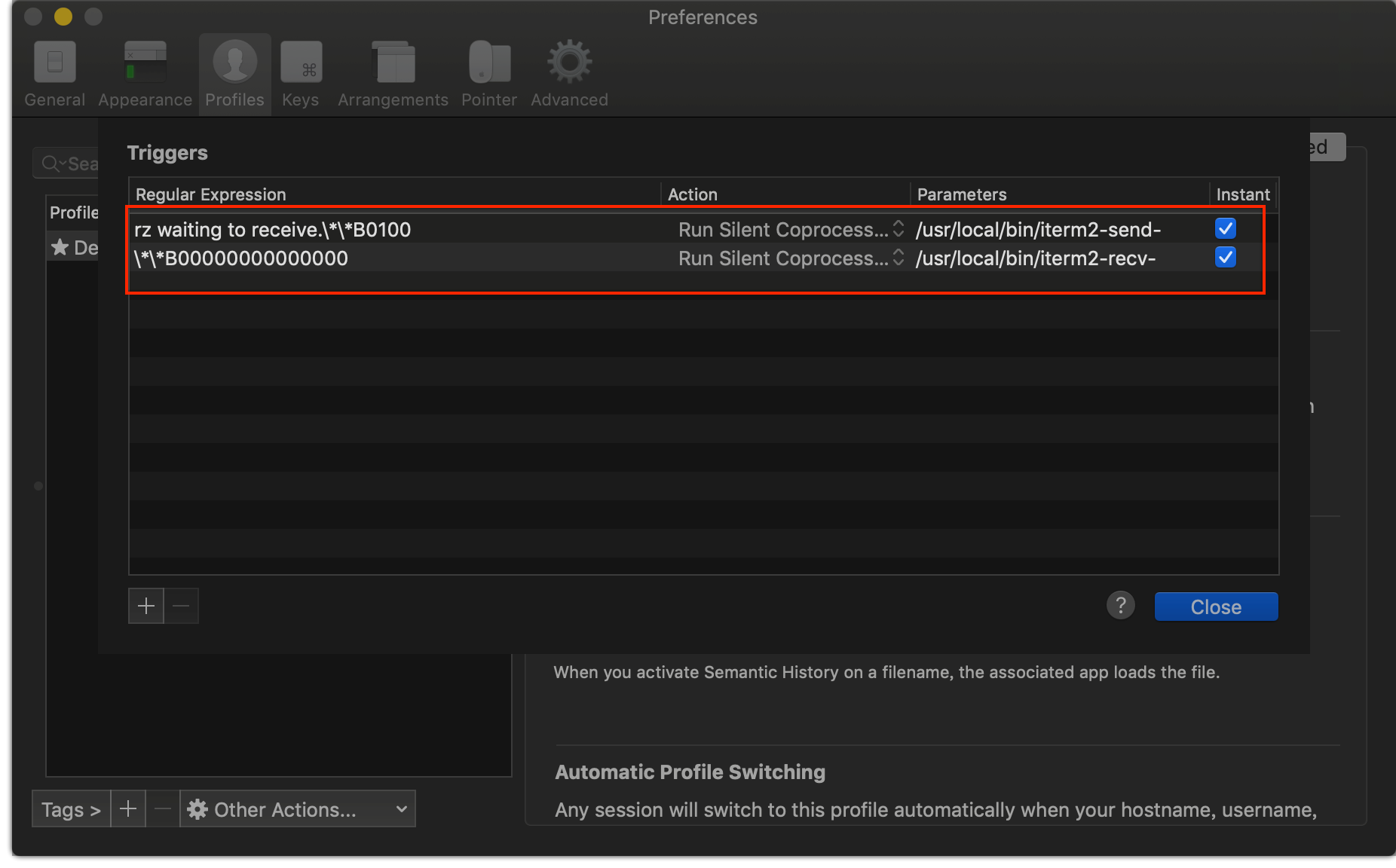 iterm2两个触发器具体配置