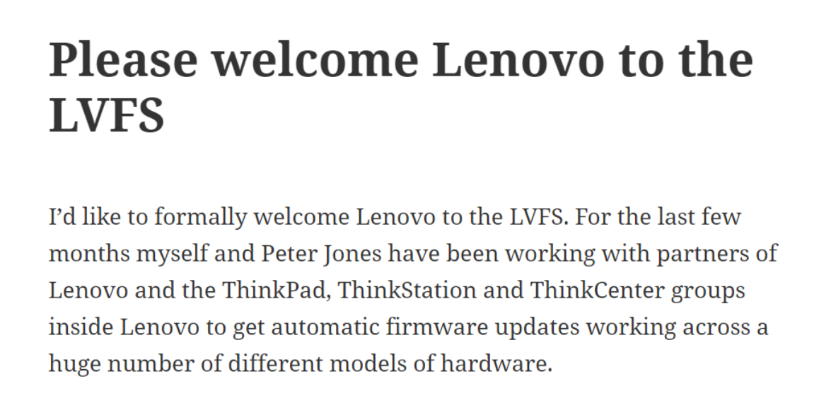 GNOME 维护者 Richard 发文祝贺联想加入 LVFS