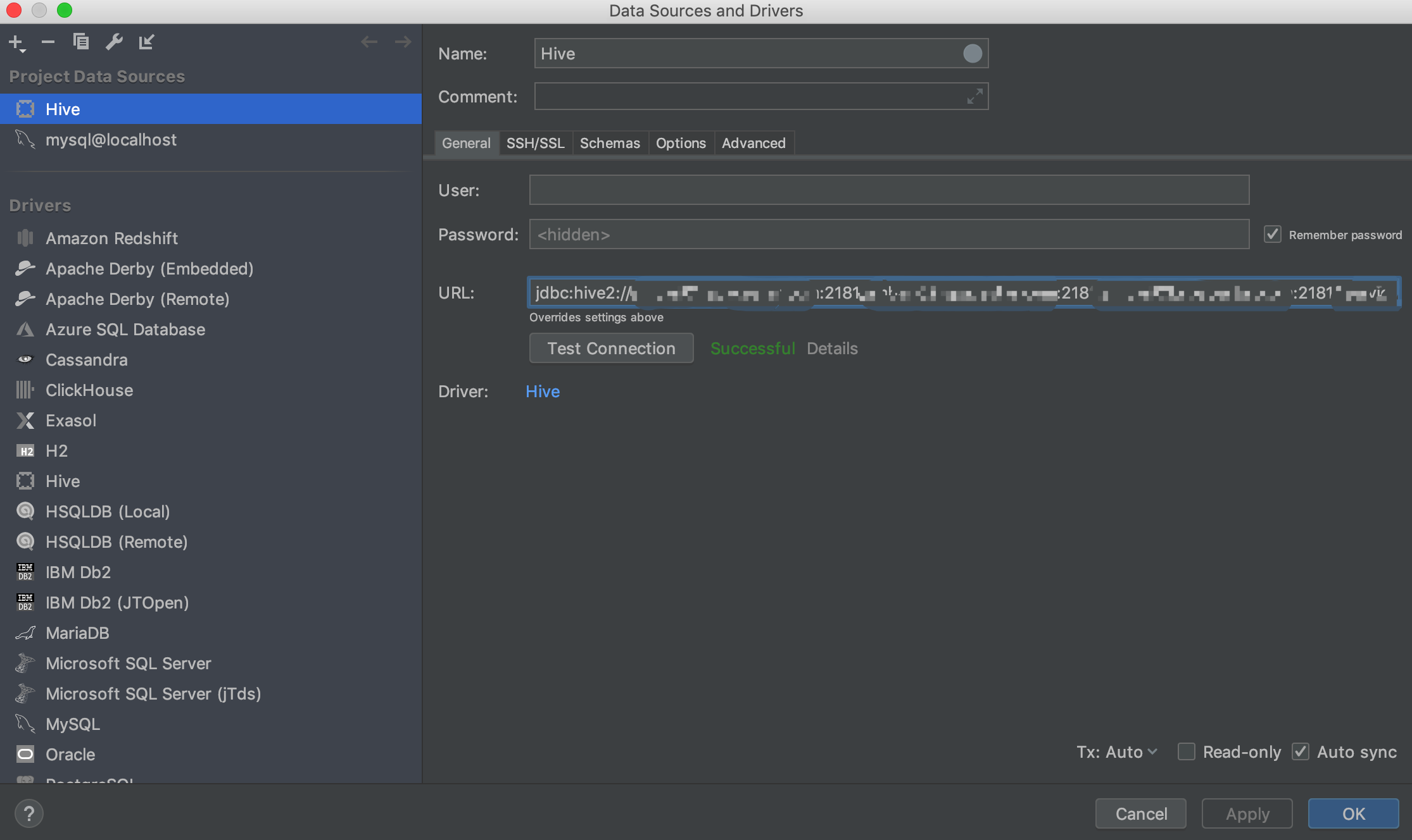 datagrip hive connection configure