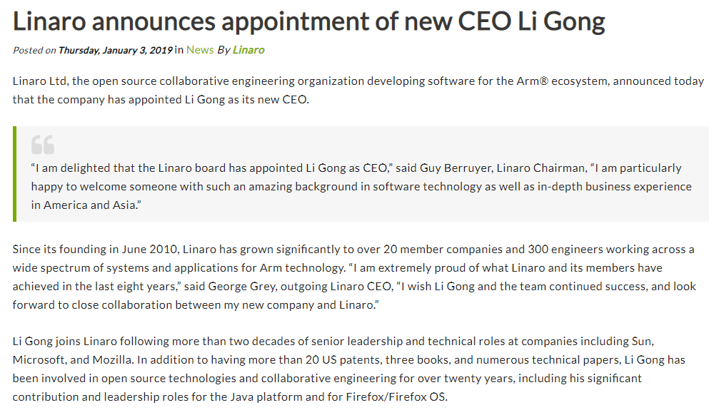 Linux 内核主要贡献者宫力正式出任 Linaro CEO