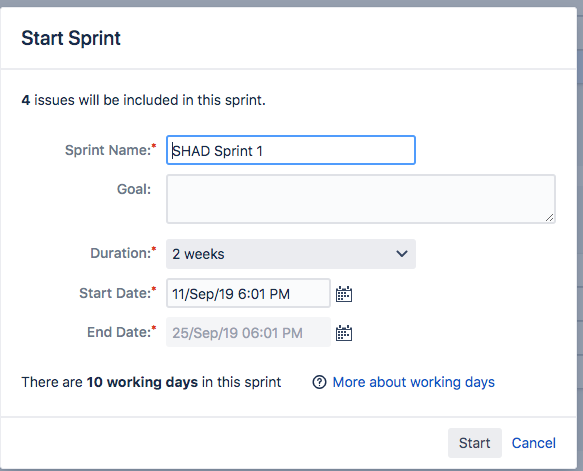 Start Sprint dialog