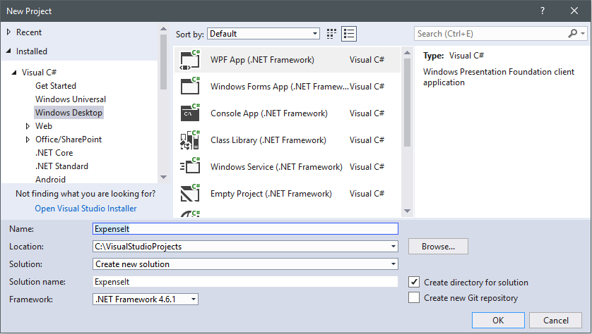 与选择的 WPF 应用程序的新建项目对话框