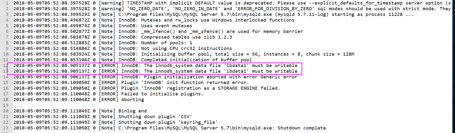 mysql5.7服务器The innodb_system data file 'ibdata1' must be writable导致无法启动服务器 