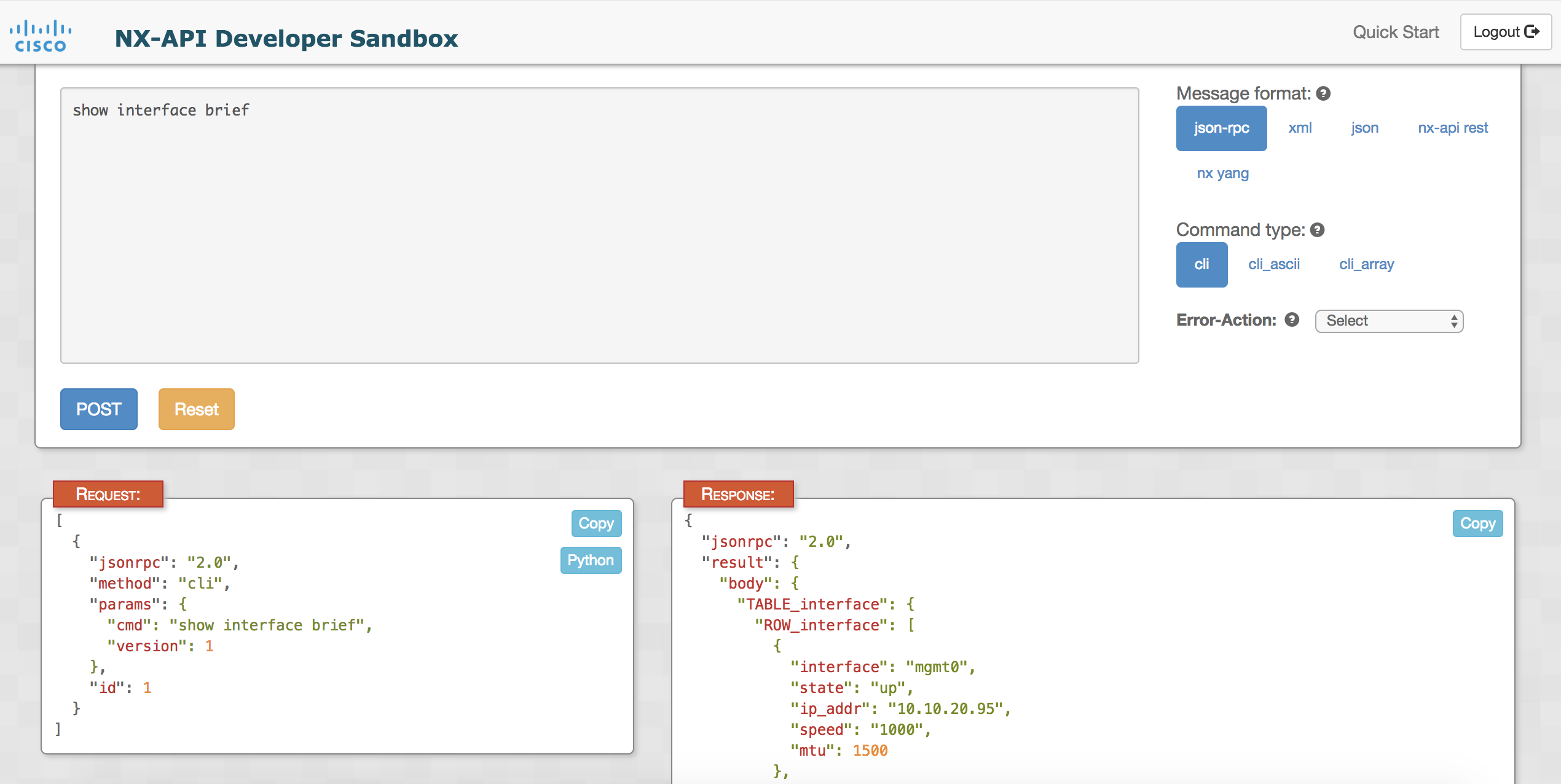 通过NXAPI CLI访问设备，并显示命令show interface brief