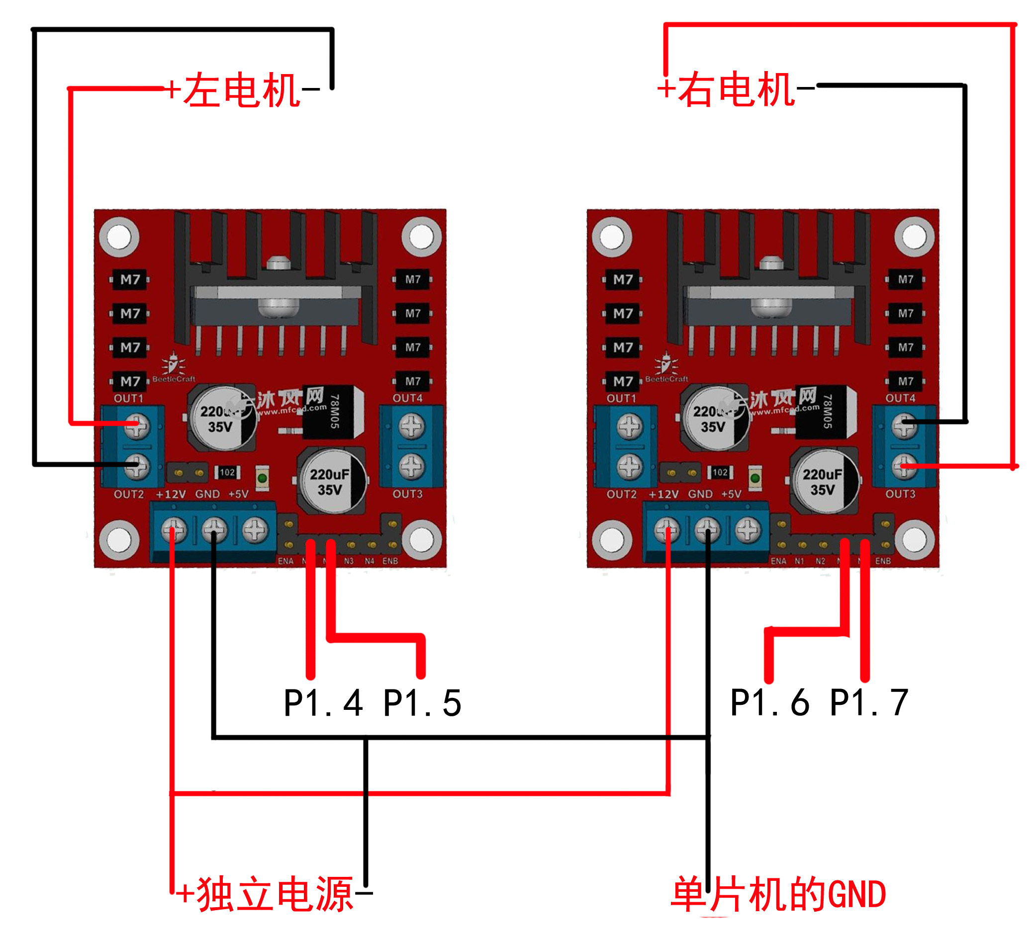 [问题解决]不使用pwm调速系统,彻底解决一个l298n带动两个电机却转速