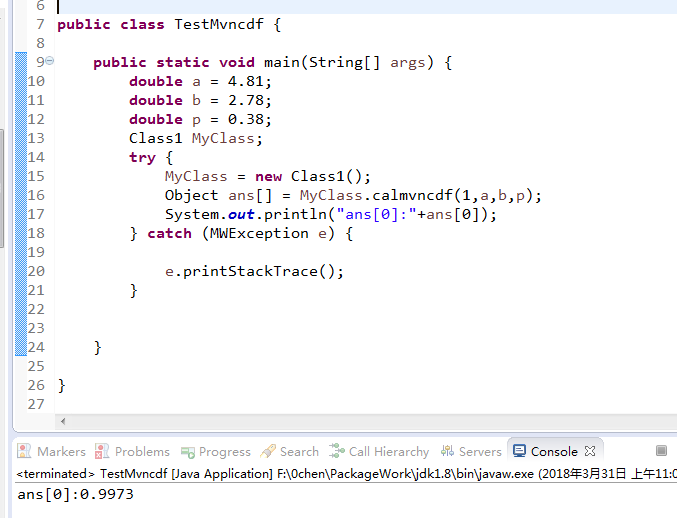 Java中调用Matlab方法计算数值，以解二维标准正态分布累计函数为例 
