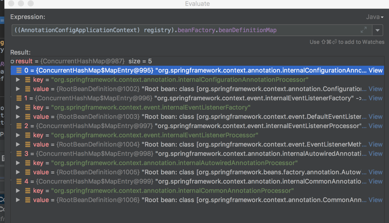 ((AnnotationConfigApplicationContext) registry).beanFactory.beanDefinitionMap