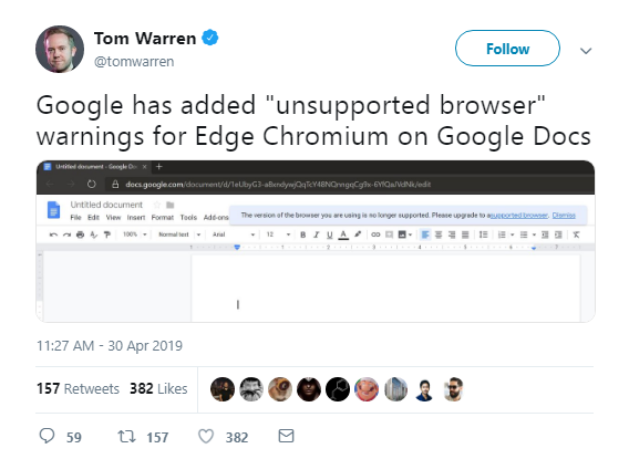 Google Docs 不再支持新版 Edge 谷歌霸权作祟？