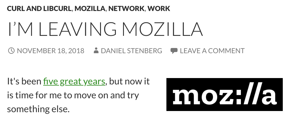 cURL 作者 Daniel Stenberg 宣布即将从 Mozilla 离职