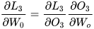 \frac{\partial{L_{3}}}{\partial{W_{0}}}=\frac{\partial{L_{3}}}{\partial{O_{3}}}\frac{\partial{O_{3}}}{\partial{W_{o}}}
