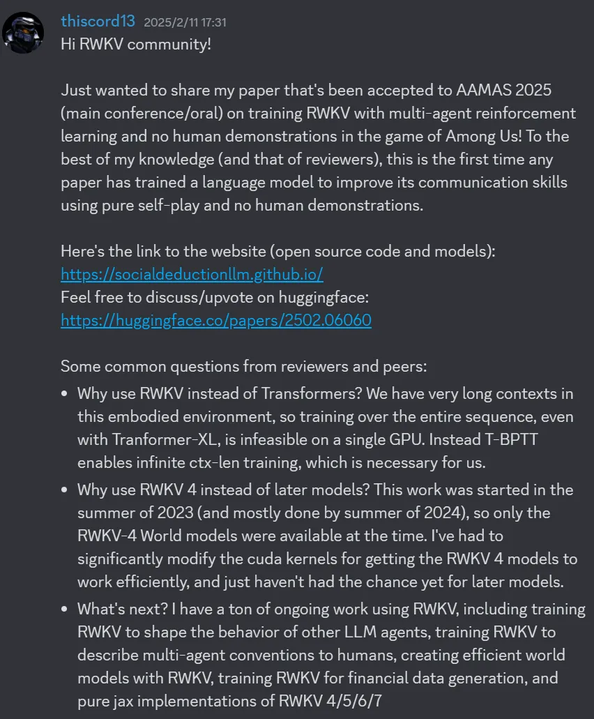 Stanford 团队展现 RWKV 多智能体优势，UVa 团队突破 RWKV 端侧性能