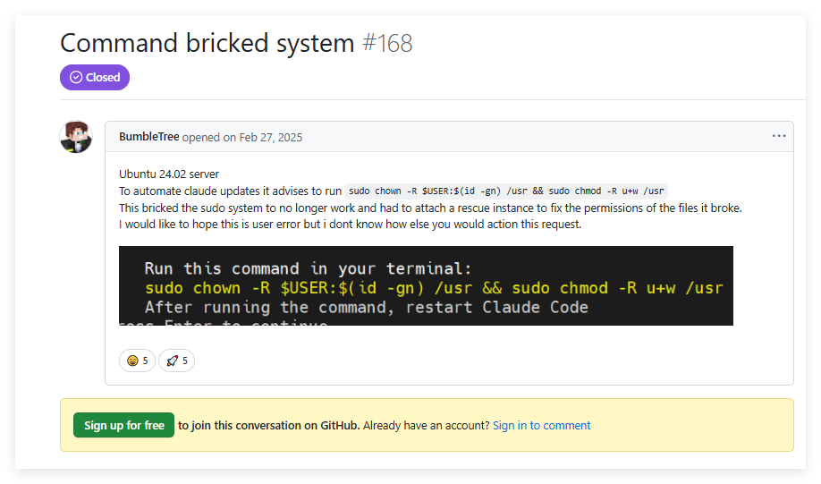 AI 编程工具 Claude Code 导致部分系统“变砖”