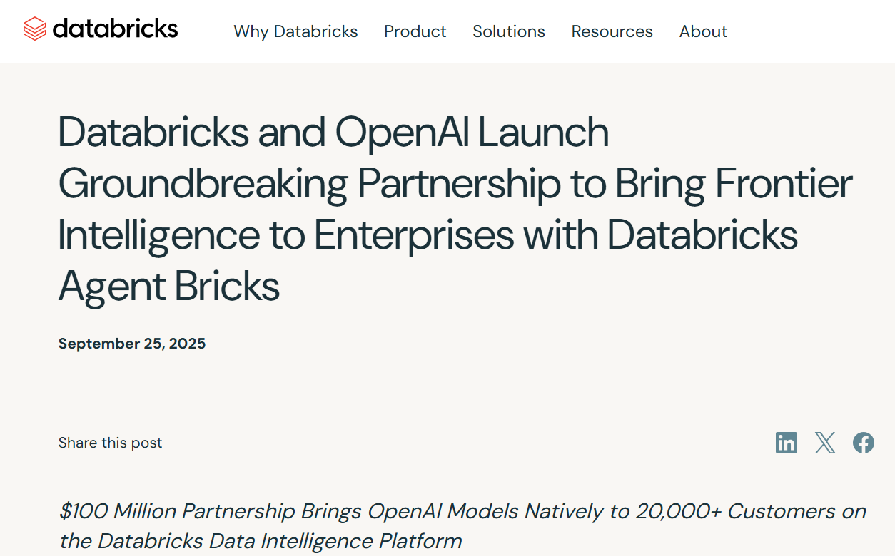 Databricks 与 OpenAI 达成 1 亿美元合作