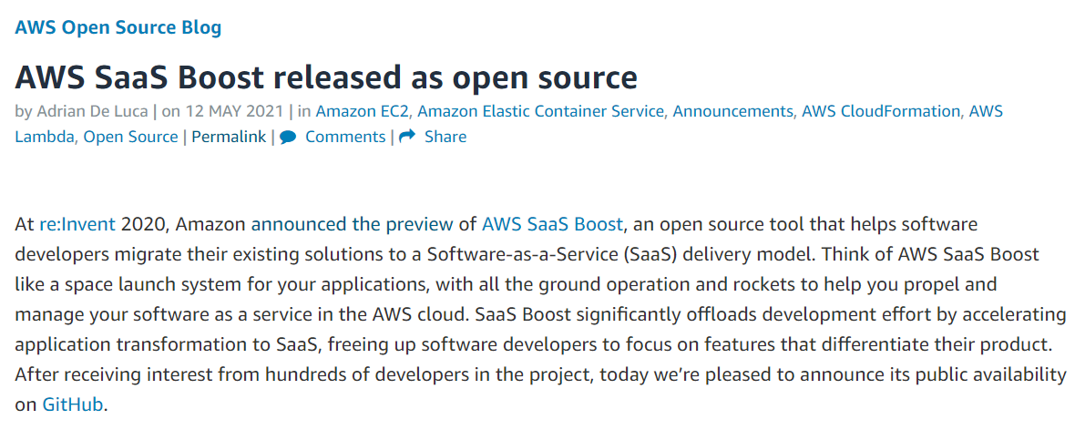 AWS 发布开源工具 AWS SaaS Boost