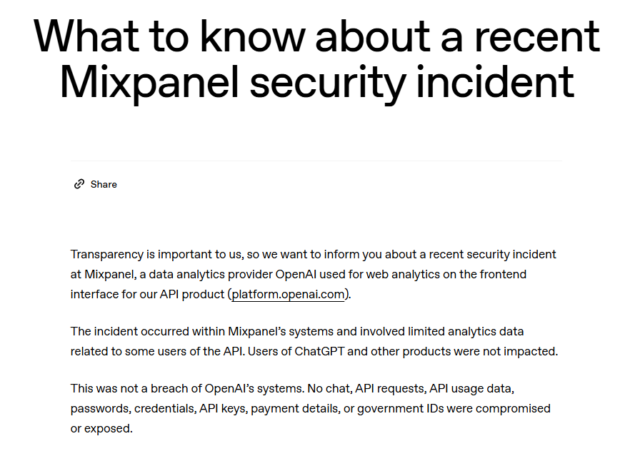 OpenAI 公告：已将 Mixpanel 从生产环境中移除