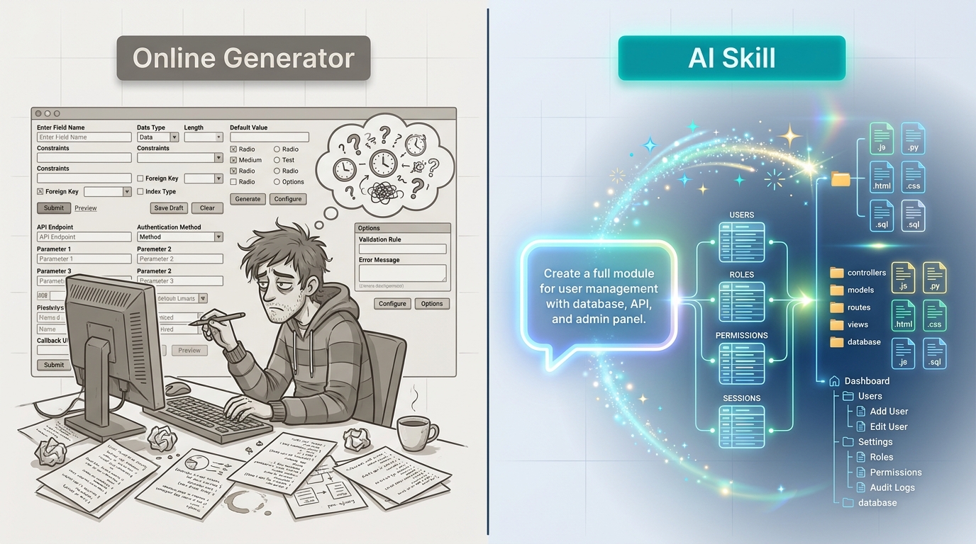 Online 手工录入 vs AI Skill 一句话生成
