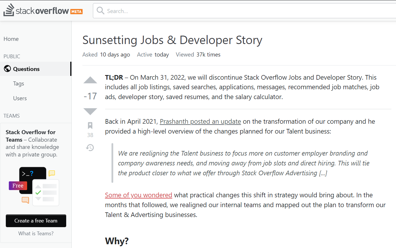 Stack Overflow 将停用 Jobs、Developer Story、Salary Calculator 功能
