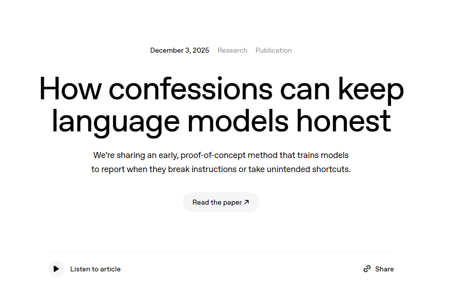 OpenAI 推出 AI “忏悔”框架：训练模型承认不当行为，提高诚实度
