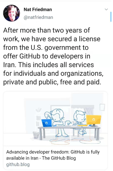 Github：已获美国许可，恢复伊朗开发者使用权限