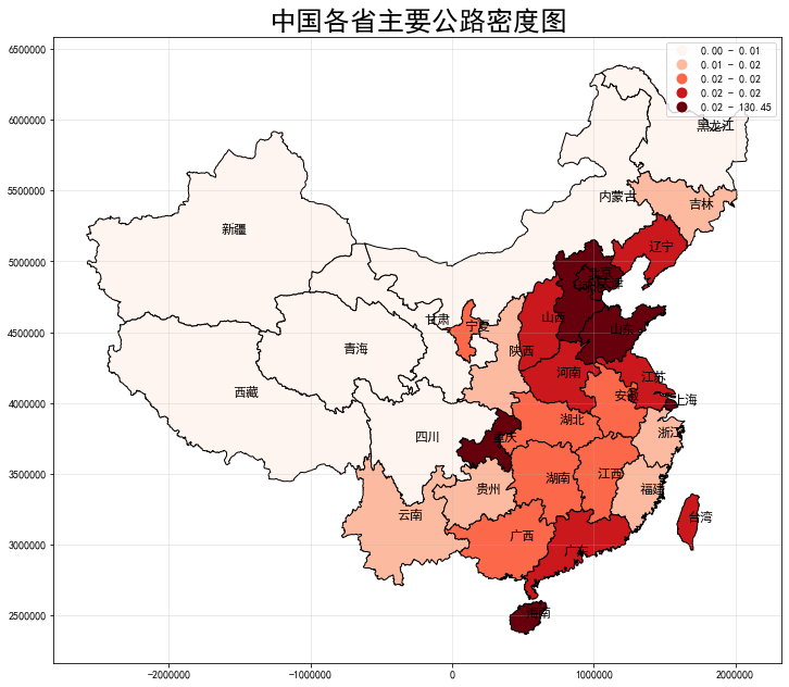 中国各省主要公路密度图