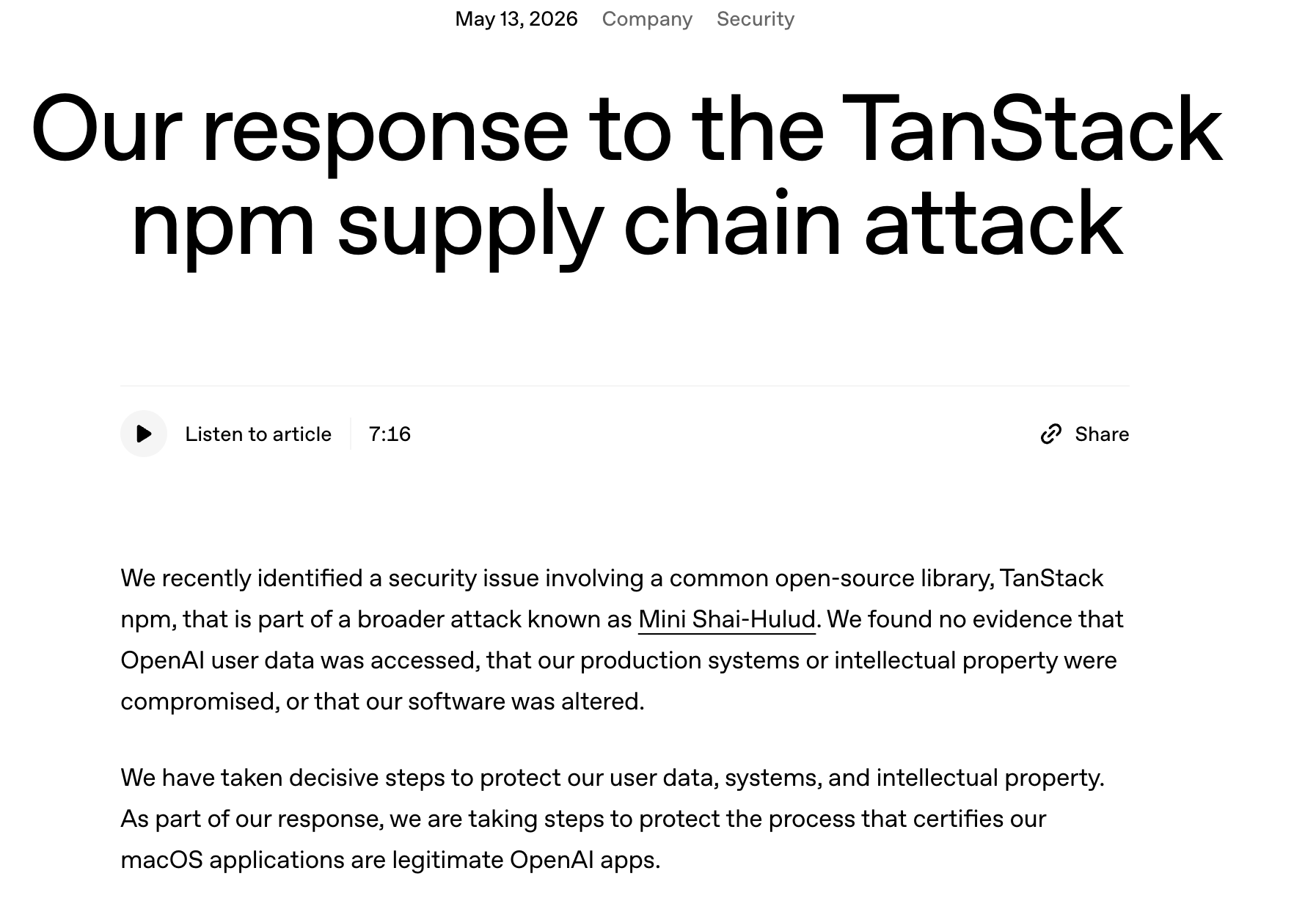OpenAI 回应 TanStack 供应链攻击：用户数据未泄露，代码签名证书全面轮换
