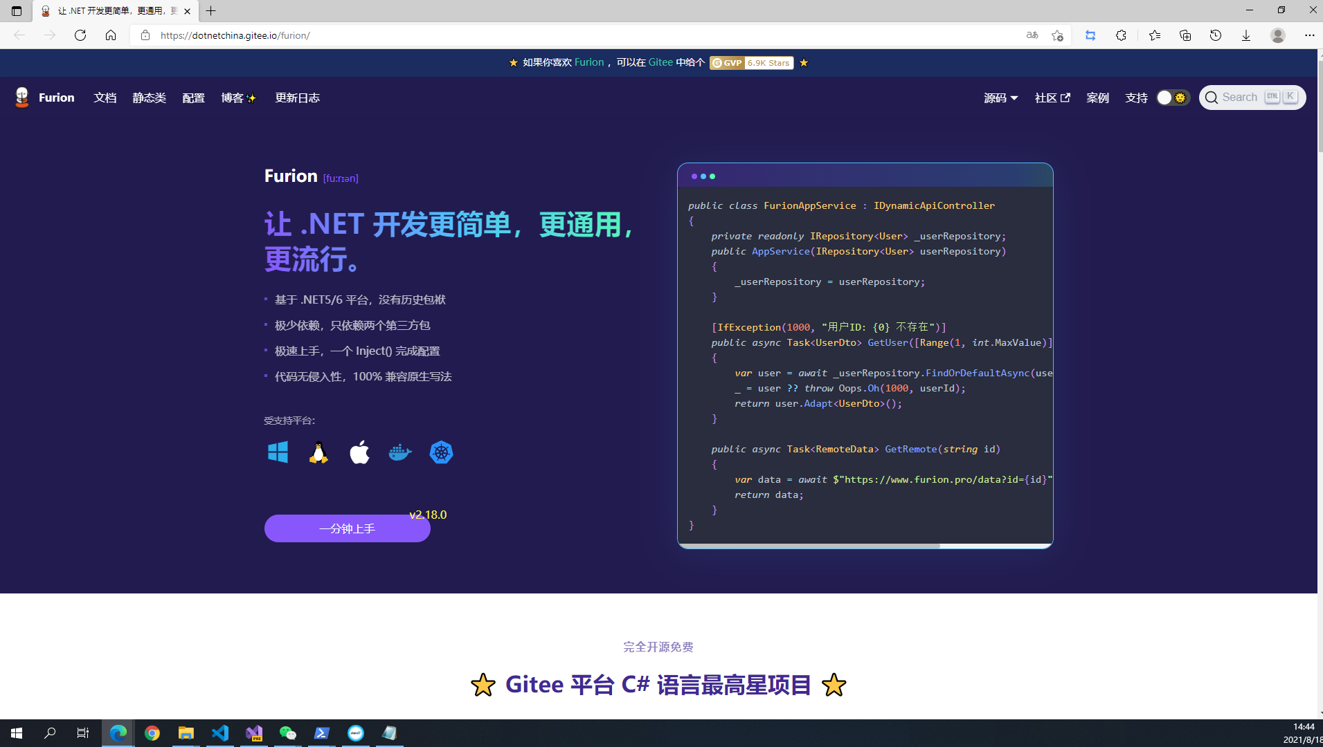 ???? 国内超受欢迎的 .NET/C# 应用程序框架，Furion v2.18.0 发布