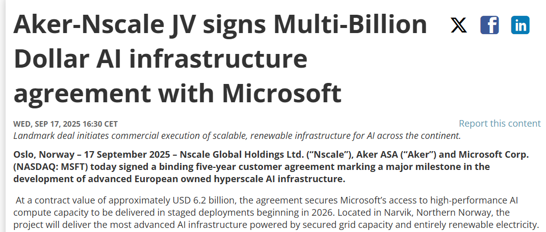 ​微软斥资 62 亿美元租赁挪威 AI 计算能力