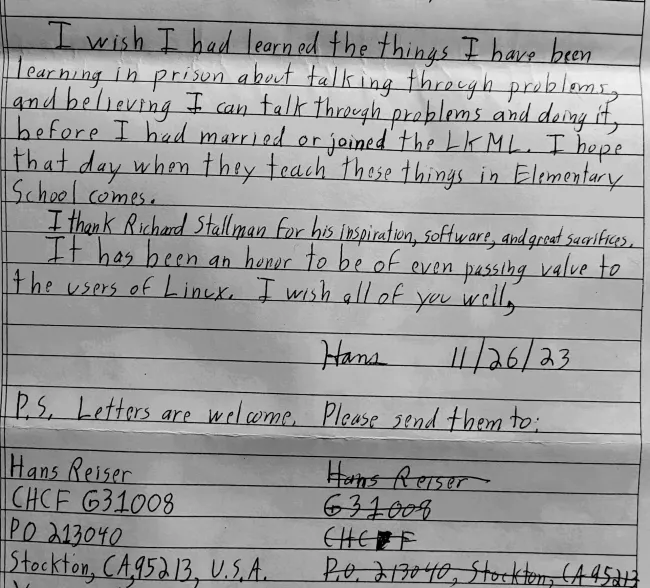 ReiserFS 作者在狱中就被 Linux 内核弃用发表评论