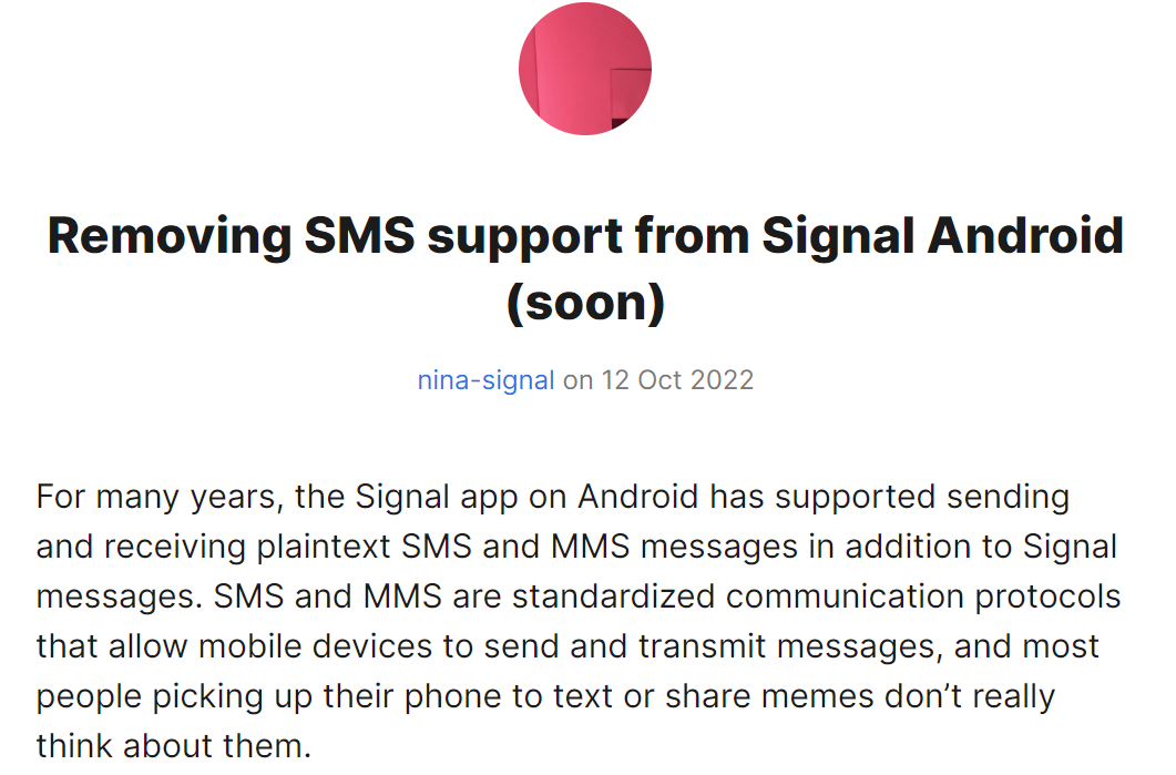 为确保隐私安全，Signal 从其 Android 应用中删除 SMS 支持