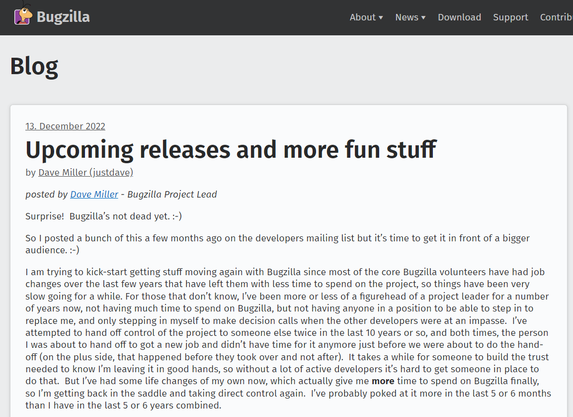 Bugzilla 项目负责人“回归”，沉寂许久后恢复更新