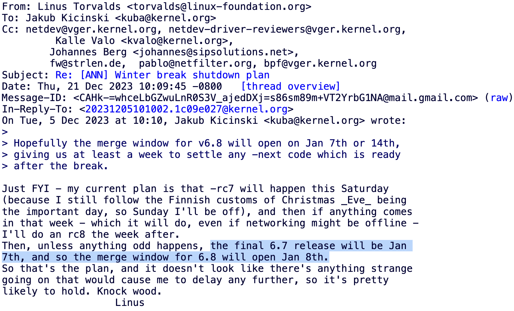 Linus：圣诞夜我不看代码，明年再发布新版