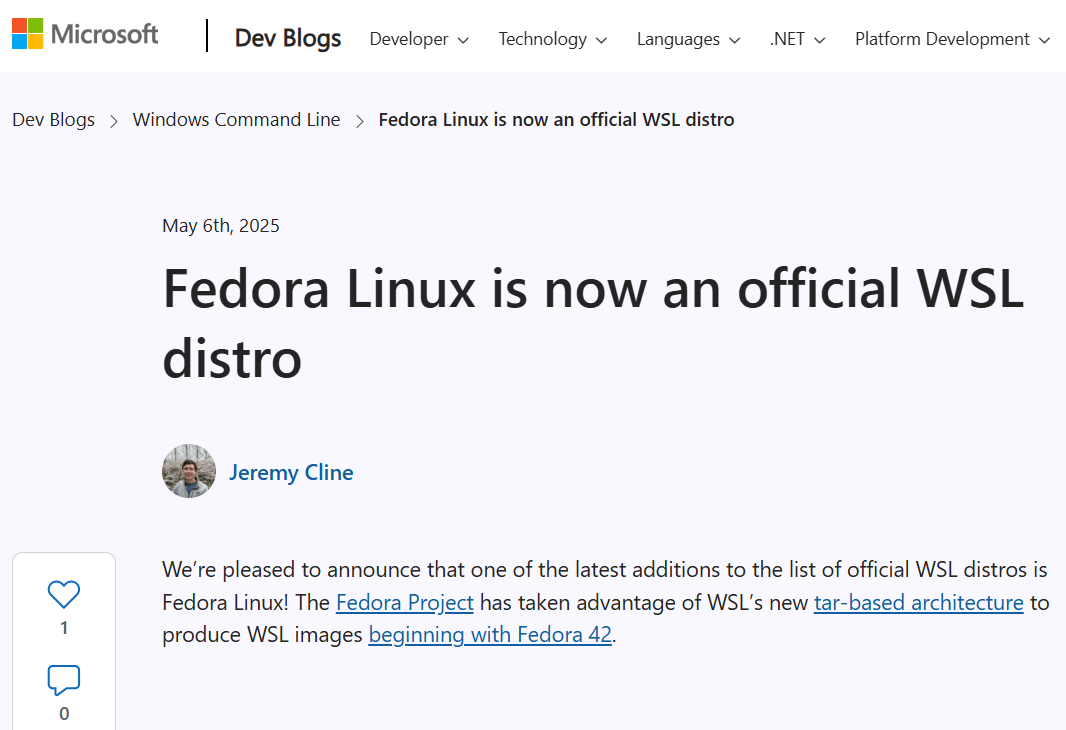 微软宣布 Fedora Linux 成为官方 WSL 发行版