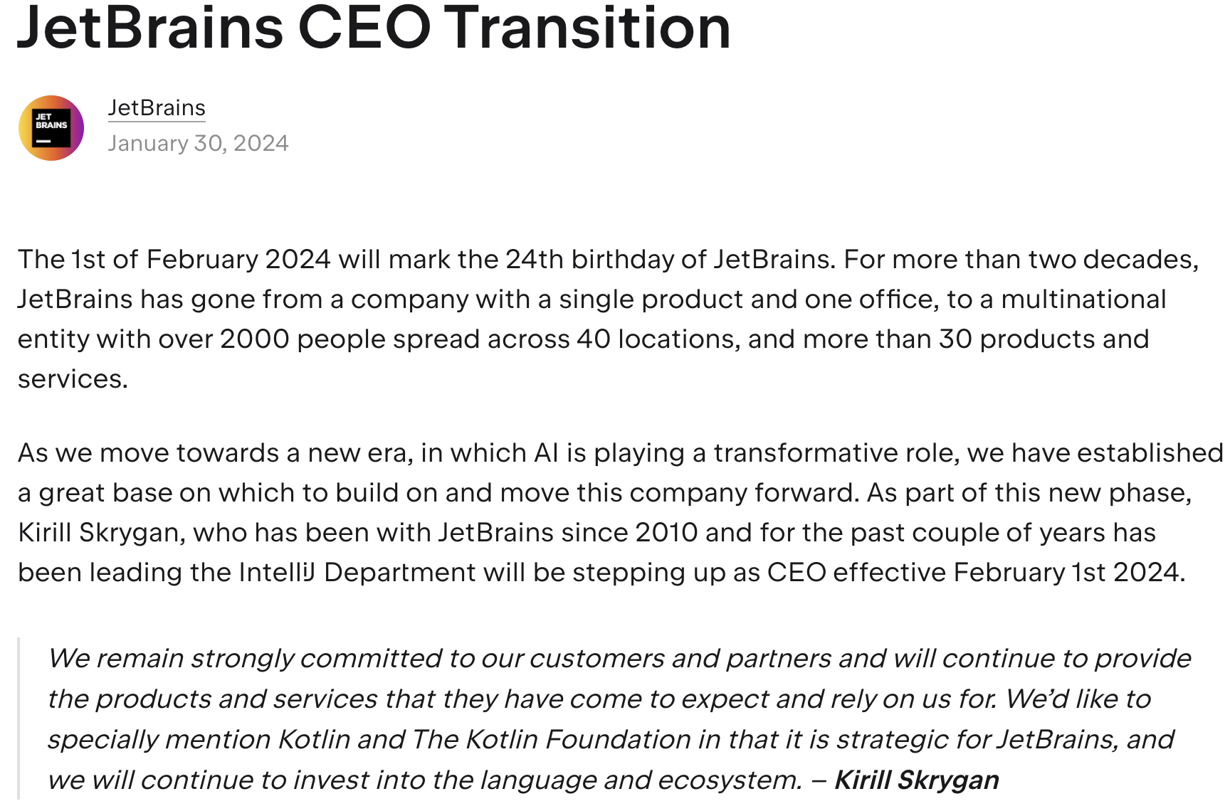 IntelliJ 负责人 Kirill Skrygan 成为 JetBrains 新任 CEO