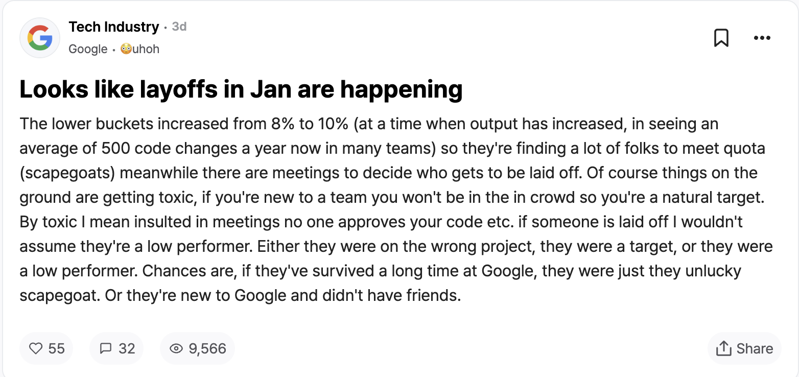 谷歌明年 1 月可能启动新一轮裁员，低绩效员工比例提至 10%