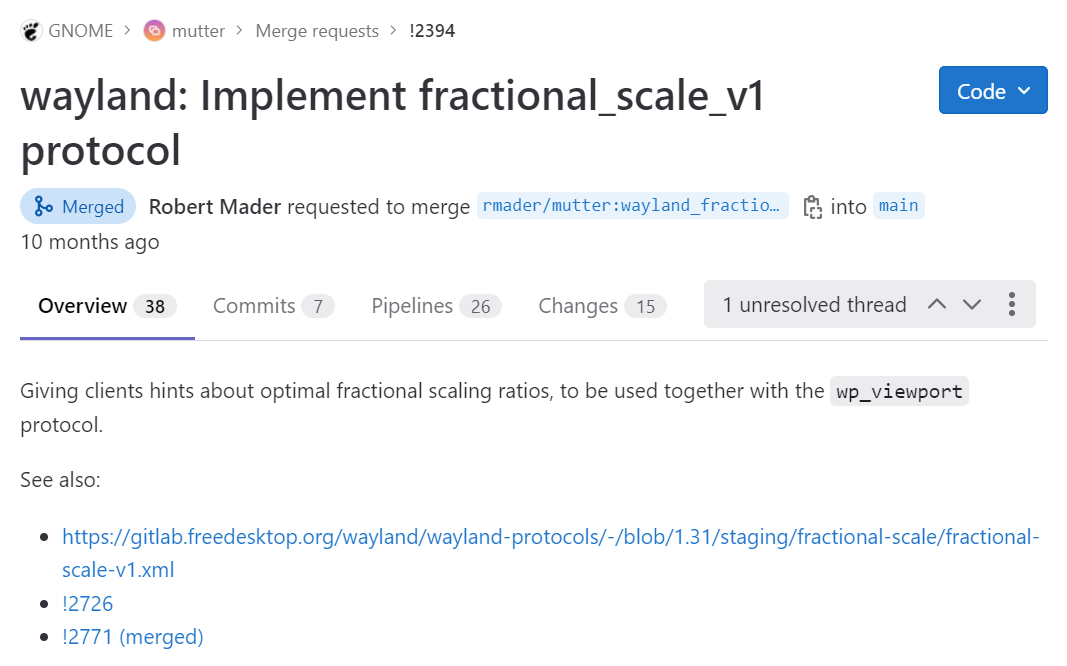 GNOME 44 Mutter 添加了 fractional_scale_v1 Wayland 支持