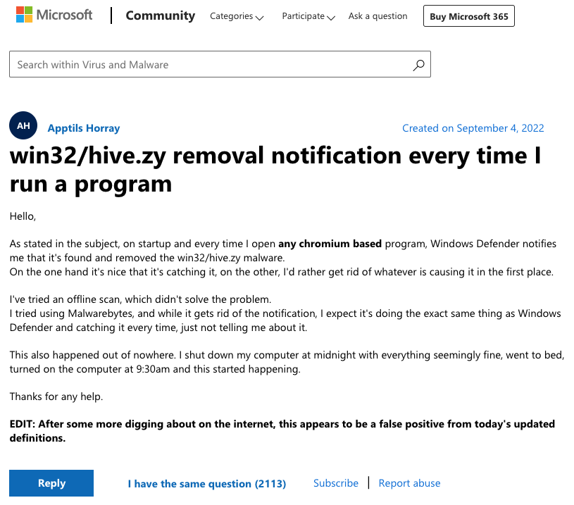 Windows Defender 将 Chromium、Electron 误报为恶意软件