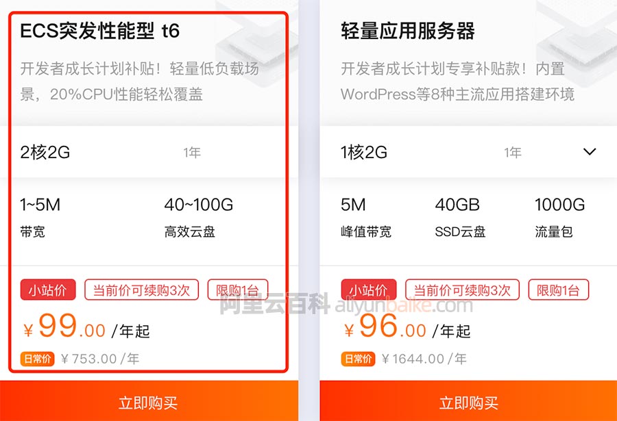 阿里云突发性能t6云服务器