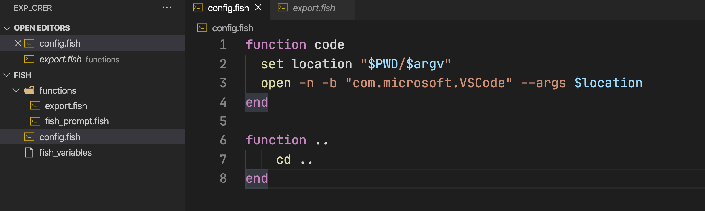 fish 使用函数 实现 命令行打开vscode 航行学园