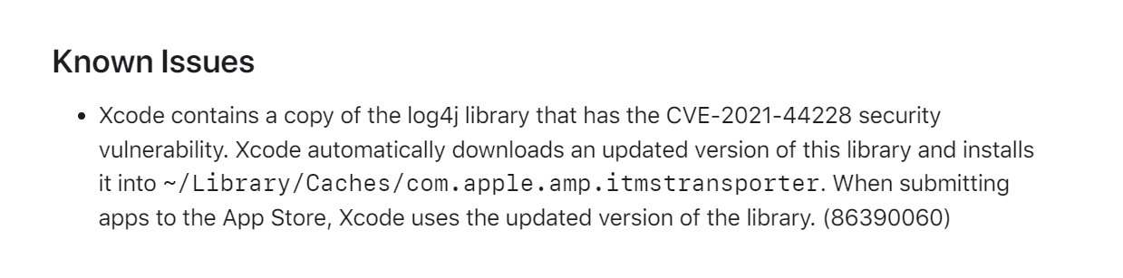 Xcode 13.2 中包含 Log4j 漏洞
