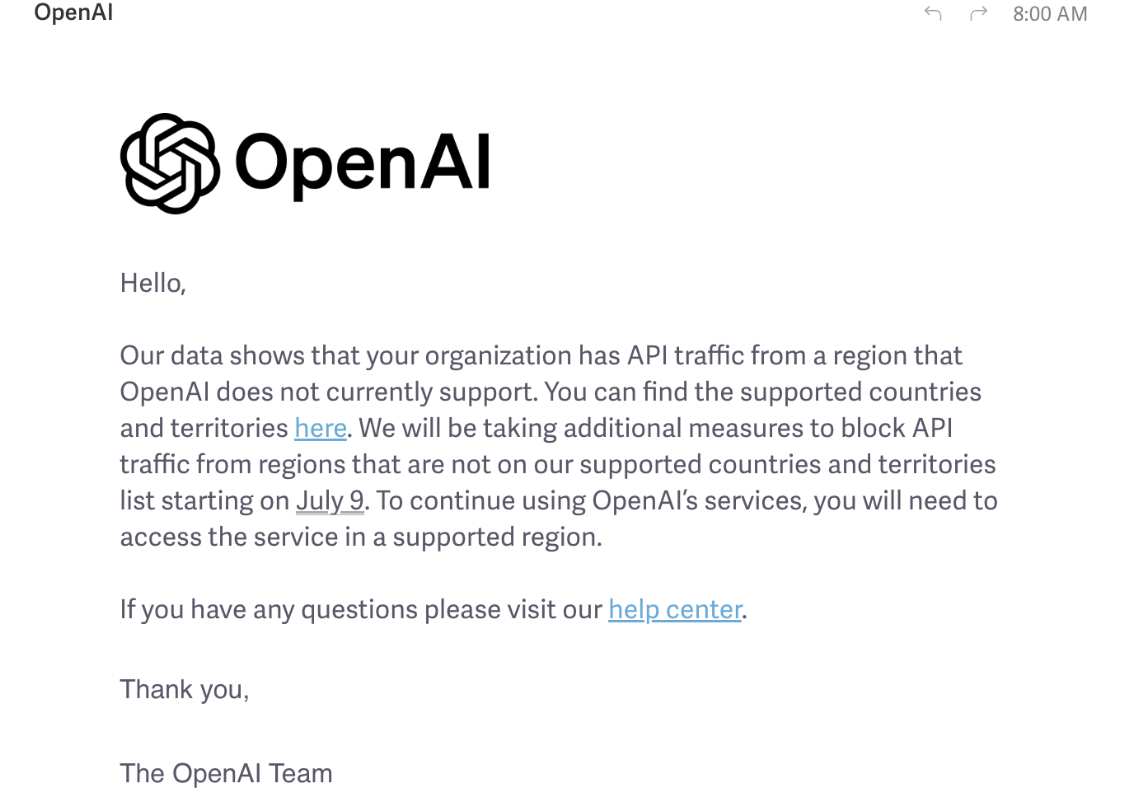 OpenAI 将采取额外措施，停止非支持国家/地区的 API 使用插图