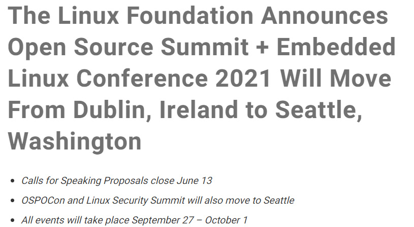 Linux 基金会宣布 2021 年开源峰会将在西雅图举行