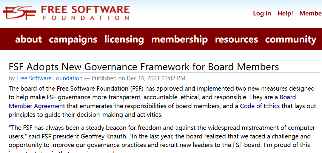 争议过后，FSF 为董事会成员采用新的治理框架