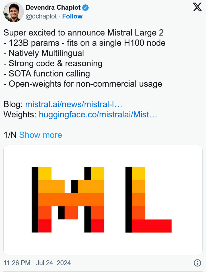 Mistral AI 发布 1230 亿参数 Large 2 大模型 —— 狙击 Llama 3.1插图